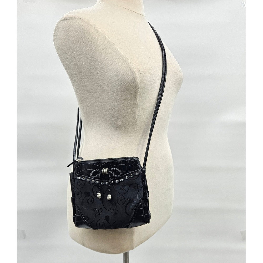Marlo Black Jacquard Scroll Faux Croc Crossbody Bag Braided Bow Scalloped Trim